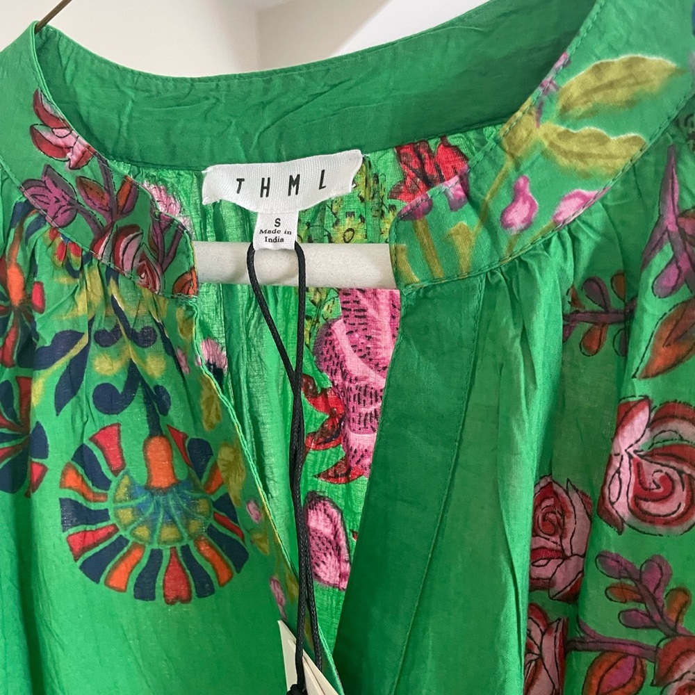 THML Green Floral Print Silk Top with Pink & Orange Accents